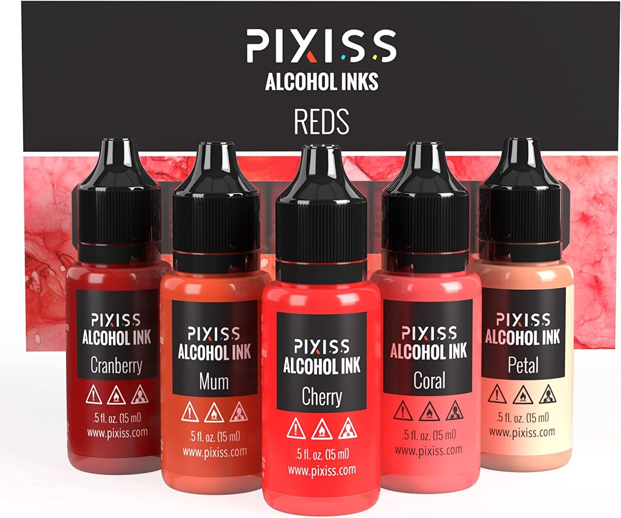 Pixiss Reds Alcohol Inks Set, 5 Highly Saturated Red Alcohol Inks for Resin